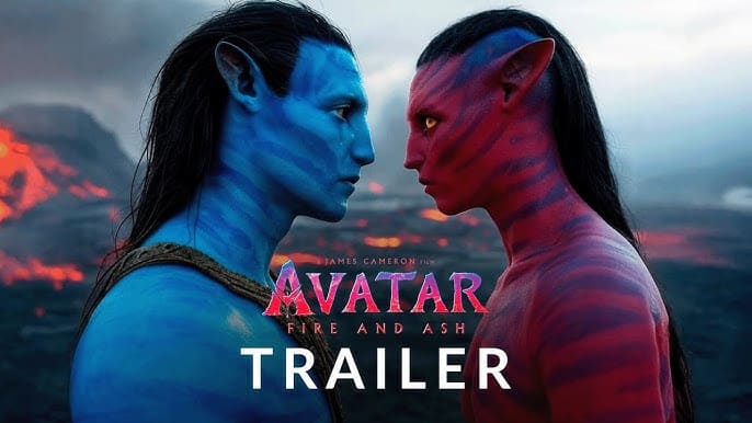 Poster of Avatar: Fire and Ash featuring Na'vi warriors and the volcanic Ash People from James Cameron’s upcoming 2025 film