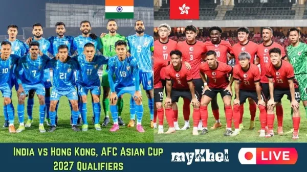 Indian football team in action against Hong Kong in AFC Asian Cup Qualifiers 2025.